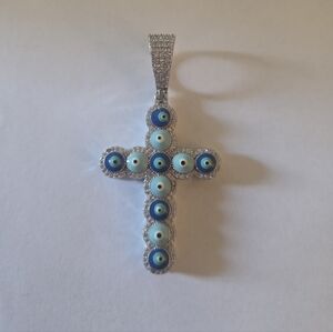 925 Elegant Silver and Blue Evil Eye Cross Pendant